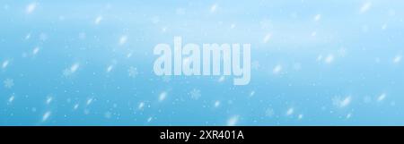 Winterhintergrund. Schnee auf blauer Textur. Fliegende Schneeflocken. Hintergrundbild im Schneefall. Weihnachtsfeiertag Wetter. Fallende weiße Flocken. Schneebedecktes Poster t Stock Vektor