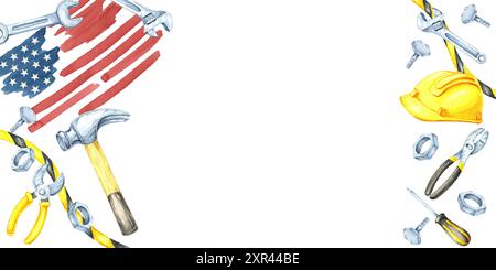 Labor Day Aquarellbanner mit amerikanischer Flagge, Hammer, Schraubenschlüssel, gelbem Schutzhelm und verstreuten Werkzeugen in Blau, Gelb und Metallic. Clipart eignet sich ideal zum Hinzufügen von Text für Webdesign und Flyer Stockfoto