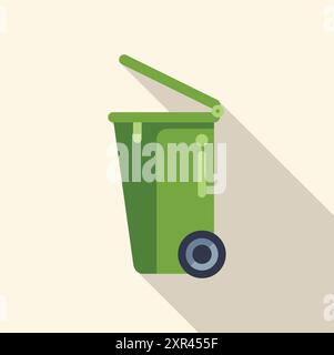 Grüne Mülltonne mit offenem Deckel, für Abfall und Recycling, mit langem Schatten Stock Vektor