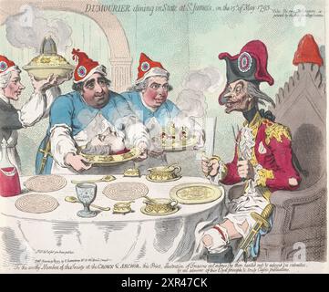 Ein humorvoller Farbstich von James Gillray von Dumourier Dining in State at St James am 15. Mai 1783 Aquarellätzung auf Papier menschliche Karikaturen politische Satire aus der georgischen Ära des 18. Jahrhunderts antike Vintage satirische Kunst politisches Cartoon Charles James Fox Stockfoto