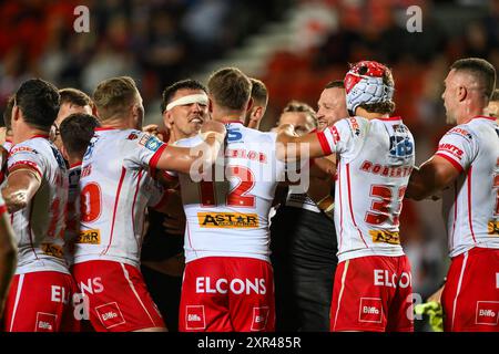Während des Spiels der Betfred Super League Runde 21 zwischen St Helens und Salford Red Devils im Totally Wicked Stadium, St Helens, Großbritannien, 8. August 2024 (Foto: Craig Thomas/News Images) Stockfoto
