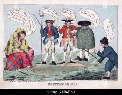 Ein lustiger, humorvoller Farbstich der Britannias-Ruine, Aquarellätzung auf Papier menschliche Karikaturen aus der georgischen Ära des 18. Jahrhunderts, geschaffen von Mary Darly 1779, antike Vintage-Kunst Stockfoto