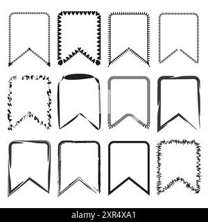 Set mit Symbolen für dekorative Bänder. Sammlung handgezeichneter, künstlerischer Bandformen mit verschiedenen Mustern und Texturen. Vektorabbildung. Stock Vektor