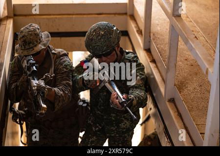 Marines der Charlie Company, des Battalion Landing Teams 1/5, der 15th Marine Expeditionary Unit und der Philippinen führen am 24. Juli 2024 ein Kampftraining in der Übung Rim of the Pacific (RIMPAC) 2024 auf der Marine Corps Base Hawaii, Hawaii, durch. 29 Nationen, 40 Überlandschiffe, drei U-Boote, 14 nationale Landstreitkräfte, mehr als 150 Flugzeuge und 25.000 Mitarbeiter nehmen vom 27. Juni bis 1. August an der RIMPAC Teil. RIMPAC, die weltweit größte internationale Übung im Seeverkehr, bietet eine einzigartige Ausbildungsmöglichkeit und fördert und unterstützt gleichzeitig die Zusammenarbeit Stockfoto