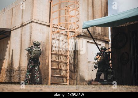 Die Partnereinheiten führen ein Nahkampftraining mit den an der Westküste ansässigen Naval Special Warfare Operatoren während der Übung Rim of the Pacific 2024 auf dem Marine Corps Training Area Bellows, Hawaii, 26. Juli 2024 durch. 29 Nationen, 40 Überlandschiffe, drei U-Boote, 14 nationale Landstreitkräfte, mehr als 150 Flugzeuge und 25.000 Mitarbeiter nehmen vom 27. Juni bis 1. August an der RIMPAC Teil. RIMPAC ist die weltweit größte internationale maritime Übung und bietet eine einzigartige Schulungsmöglichkeit, während die Zusammenarbeit zwischen den Teilnehmern gefördert und aufrechterhalten wird Stockfoto