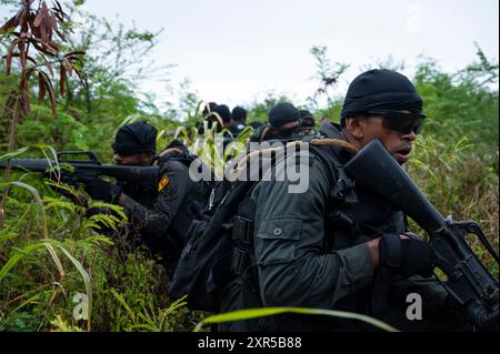 Marines, die dem 1. Marinebataillon von Sri Lanka, 16. Marines, zugewiesen sind, führen militärische Operationen auf urbanem Gelände mit Partnereinheiten im Marinekorps-Trainingsgebiet Bellows, Hawaii, 25. Juli 2024 durch. Marines aus den USA, Peru, Indonesien, Sri Lanka, Mexiko und Tonga übten während der Übung Rim of the Pacific (RIMPAC) 2024 Nahkämpfe aus, um taktische Fähigkeiten zu festigen und Standardoperationen zu integrieren. 29 Nationen, 40 Überlandschiffe, drei U-Boote, 14 nationale Landstreitkräfte, mehr als 150 Flugzeuge und 25.000 Mitarbeiter nehmen an der RIMPAC in und um Hawaii Teil Stockfoto