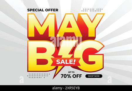 Mai Big Sale Text mit linearem Effekt und Blitzsymbol. Für Banner, Poster, Header, Logo, Vorlage, soziale Medien, Website. Vektorabbildung Stock Vektor