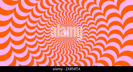 Rote und rosafarbene abstrakte Wellenlinien. Optischer Illusionshintergrund. Poster mit radialen Verzerrungswellen. Trippige Illusiontapete mit Sonnenschliff. Vektordrehung hypnotische Illustration Stock Vektor