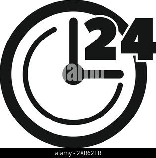 Einfaches schwarz-weißes Symbol einer Uhr, die 24 Stunden anzeigt und anzeigt, dass rund um die Uhr etwas verfügbar ist Stock Vektor