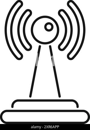 Zeilengrafik-Symbol eines wlan-Routers, der Signalwellen aussendet, auf einem Ständer mit kreisförmiger Basis steht Stock Vektor