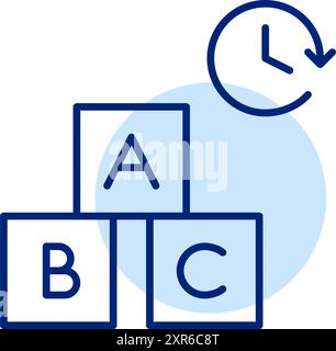 Buchstabenwürfel mit Alphabet und Uhr. Spielen und lernen Sie Zeit für Babys. Pixelperfektes, bearbeitbares Konturvektorsymbol Stock Vektor