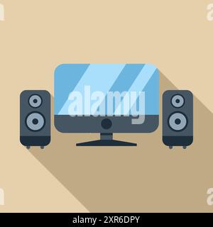 Abbildung mit einem Desktop-Computer mit leerem Bildschirm und zwei Lautsprechern, die Konzepte wie Home Office, Multimedia-Einrichtung und Audioausrüstung vermitteln Stock Vektor