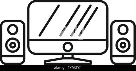 Minimalistisches Line-Art-Symbol eines Desktop-Computers mit zwei Lautsprechern, das ein Home-Office-Setup darstellt Stock Vektor