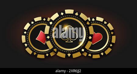 Drei spielende Chips oder Token. Spielmünze mit Anzug-Clubs. Realistischer Spielchip mit dem Anzug von Clubs in der Mitte, Spielmarken. Banner für Stock Vektor