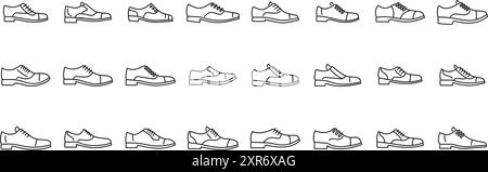 Oxford Schuhe Symbole Set. Große Auswahl an Symbolen, die verschiedene Stile klassischer Herrenschuhe darstellen Stock Vektor