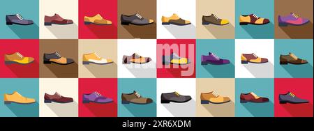 Oxford Schuhe Symbole Set. Großes Set aus verschiedenen klassischen Männerschuhen mit langem Schatten auf farbenfrohem Hintergrund Stock Vektor