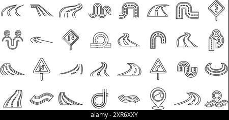 Symbole für kurvenreiche Straßen gesetzt. Set von Line Art Symbolen mit verschiedenen Straßentypen und -Konfigurationen, perfekt zur Veranschaulichung von Reise-, Transport- oder Infrastrukturkonzepten Stock Vektor