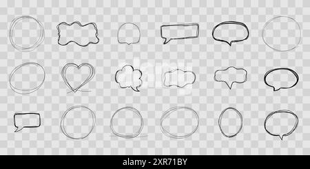 Sprechblasen-Rahmen zum schnellen Zeichnen, Stecken oder Markieren. Comic-Skizzenrahmen, Hervorheben. Wolke, Herz, Kreis-Bubble-Chat, Textfeld. Vektorabbildung Stock Vektor
