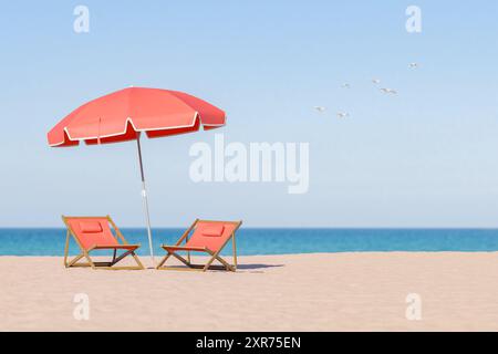 3D-Rendering von zwei roten Liegestühlen unter einem großen roten Sonnenschirm am Strand, mit klarem blauem Himmel und Möwen in der Ferne, Sommerferienkonzept Stockfoto