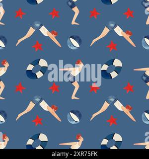 Ein Athlet - ein Mann in einem weißen T-Shirt und blauen Badehosen springt ins Wasser, umgeben von Rettungsschirmen und Seesternen. Nahtloses Aquarell Stockfoto