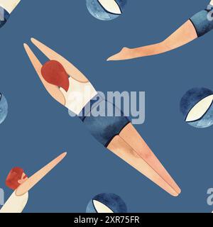 Ein Athlet - ein Mann in einem weißen T-Shirt und blauen Badehosen schwimmt umgeben von aufblasbaren gestreiften Strandbällen. Vintage-Style. Nahtloses Aquarell Stockfoto