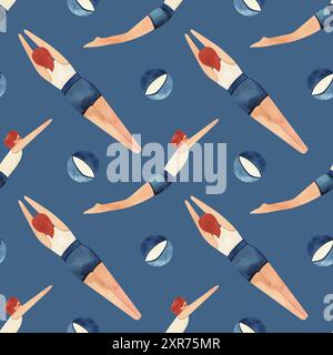 Ein Athlet - ein Mann in einem weißen T-Shirt und blauen Badehosen schwimmt umgeben von aufblasbaren gestreiften Strandbällen. Vintage-Style. Nahtloses Aquarell Stockfoto