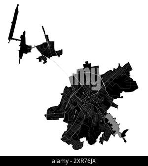 Simferopol-Karte. Detaillierte schwarze Karte des Verwaltungsgebiets der Stadt Simferopol. Poster mit Blick auf die Metropole. Schwarzes Land mit weißen Gebäuden, W Stock Vektor