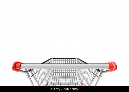 3D-Rendering eines leeren Einkaufswagens aus Metall aus der Perspektive eines Käufers, mit roten Griffen, isoliert auf einem weißen Hintergrund Stockfoto