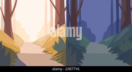 Vektorset von Parklandschaften bei Nacht und Tag. Straße im Wald. Naive Cartoon-Landschaft für mobile Spiele. Stock Vektor