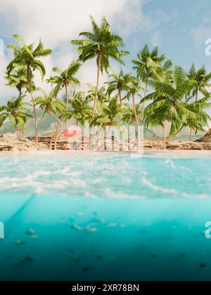 3D-Darstellung einer malerischen tropischen Strandszene aus der Unterwasserwelt mit pulsierenden Palmen, einem Sonnenschirm und Liegestühlen mit Bergen in d Stockfoto