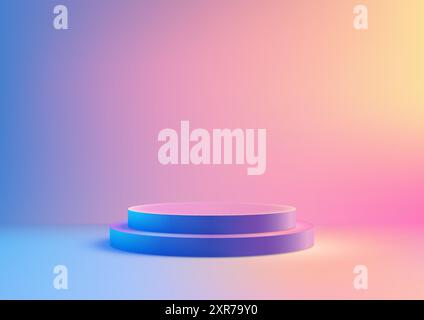 Ein leuchtend blaues 3D-Podium vor einem traumhaften Hintergrund mit Farbverlauf, perfekt für die Präsentation futuristischer Produkte Stock Vektor
