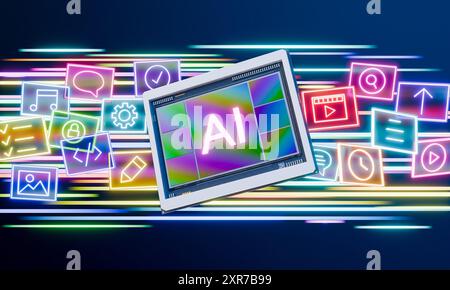 Futuristischer KI-Chip mit leuchtenden bunten Lichtern, umgeben von Neonsymbolen auf dynamischem blauem Hintergrund. Konzept von generativem Multimedia und Technik Stockfoto