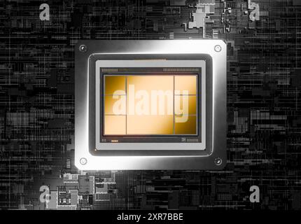 Draufsicht eines goldenen CPU-Chips in einem Sockel über einem detaillierten Hintergrund der Leiterplatte. Technologie, KI und Computertechnik. 3D-Rendering Stockfoto