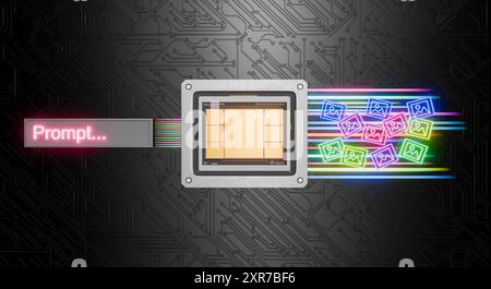 KI-Chip in der Mitte mit einer Multimedia-Ansage und leuchtenden Neonsymbolen, die auf einem detaillierten Leiterplattenhintergrund in den Rahmen fließen. Datenverarbeitung Stockfoto