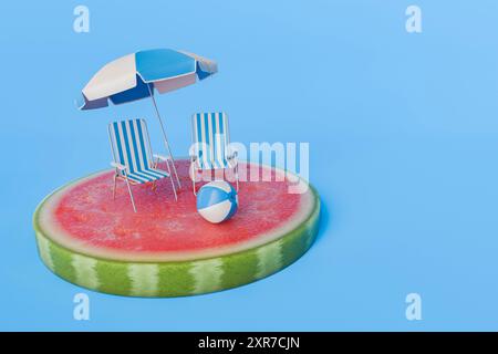 3D-Rendering von Liegestühlen und Sonnenschirmen auf einer Wassermelonenscheibe mit Strandball, vor blauem Hintergrund. Sommer- und lustiges Konzept. Stockfoto
