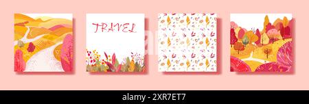 Quadratisches Poster mit handgezeichneten Stellen für Reisen. Herbstwald, Felder auf den Hügeln. Nahtloses Muster für Textilien oder Geschenkpapier. Postkarten oder Hintergrundbilder. Vektor Stock Vektor