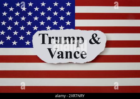 Flagge der USA mit Trump und Vance Flagge der USA mit Trump und Vance, 09.08.2024, Borkwalde, Brandenburg, auf einer Flagge der USA liegt der Schriftzug Trump und Vance. *** Flagge der USA mit Trump und Vance Flagge der USA mit Trump und Vance, 09 08 2024, Borkwalde, Brandenburg, auf einer Flagge der USA steht die Schrift Trump und Vance Stockfoto