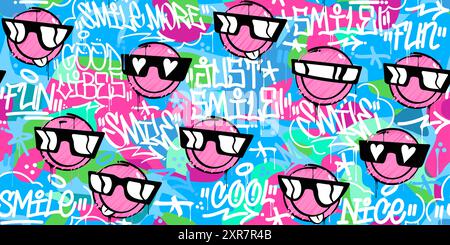 Lustige Trendige Abstrakte Street Art Graffiti Stil Glückliches Lächelndes Gesicht Nahtlose Hintergrundvorlage Stock Vektor