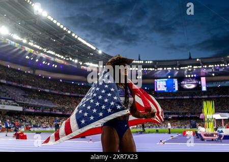 Paris, Frankreich. August 2024. Tara Davis-Woodhall (USA) gewann am 8. August 2024 den Langsprung der Frauen bei den Olympischen Spielen in Paris. Quelle: Ondrej Deml/CTK Photo/Alamy Live News Stockfoto