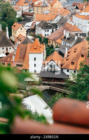 Ein malerisches Dorf liegt eingebettet zwischen üppigem Grün und einem sanft fließenden Fluss. Die Gebäude, die mit leuchtend roten Dächern geschmückt sind, zeigen einen einzigartigen Stil Stockfoto