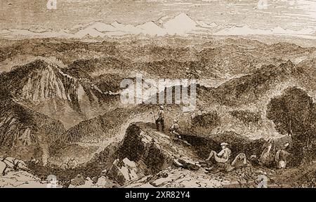 Ein viktorianisches Bild des Passes der Snowy Range des Himalaya und des Mount Everest von Marma. Der Mount Everest war nach Sir George Everest ( 1790–1. Dezember ) benannt, britischer Landvermesser und Surveyor General von Indien. Stockfoto