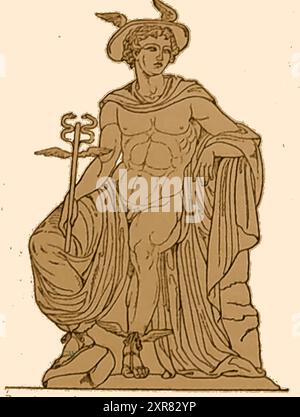 Ein Vintage-Bild der mythologischen Figur von Hermes, dem griechischen Beschützer menschlicher Herolden, Reisenden, Dieben, Händlern und Rednern. Er war der Psychopomp oder Seelenführer im Jenseits. Sein römisches Äquivalent war Quecksilber, auch bekannt als Thoth (Ägypten) und Etrusker. Stockfoto