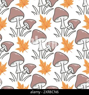 Pilze und gelbe Ahornblätter nahtloses Muster. Hintergrund des Waldpilzes im Herbst. Drucken Sie Herbstlaub und Erntepilze für Textilien, Verpackungen Stock Vektor