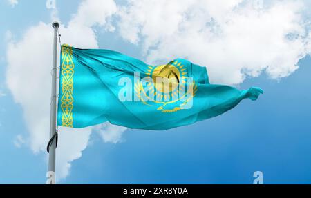 Kasachstan-Flagge - realistisch schwenkende Stofffahne. Stockfoto