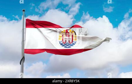 Flagge von Französisch-Polynesien - realistische Flagge von wehenden Stoffen Stockfoto