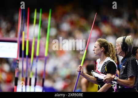 Paris, Frankreich. August 2024. Die belgische Athletin Noor Vidts wurde am Freitag, den 9. August 2024, in Paris, beim Speer, dem sechsten Event des Frauenheptathlons beim Leichtathletikwettbewerb bei den Olympischen Spielen 2024, dargestellt. Die Spiele der XXXIII. Olympiade finden vom 26. Juli bis 11. August in Paris statt. Die belgische Delegation zählt 165 Athleten, die in 21 Sportarten antreten. BELGA FOTO DIRK WAEM Credit: Belga News Agency/Alamy Live News Stockfoto
