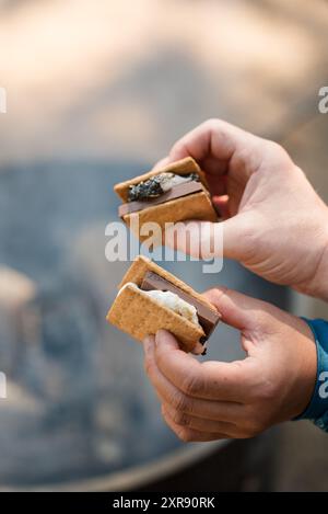 Ein Paar, das Smores zusammen über Rauch hält Stockfoto
