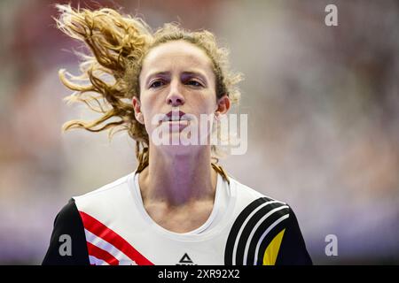 Paris, Frankreich. August 2024. Die belgische Athletin Noor Vidts wurde am Freitag, den 9. August 2024, in Paris, beim Speer, dem sechsten Event des Frauenheptathlons beim Leichtathletikwettbewerb bei den Olympischen Spielen 2024, dargestellt. Die Spiele der XXXIII. Olympiade finden vom 26. Juli bis 11. August in Paris statt. Die belgische Delegation zählt 165 Athleten, die in 21 Sportarten antreten. BELGA FOTO DIRK WAEM Credit: Belga News Agency/Alamy Live News Stockfoto