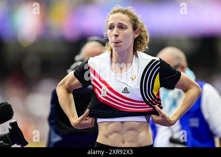 Paris, Frankreich. August 2024. Die belgische Athletin Noor Vidts wurde am Freitag, den 9. August 2024, in Paris, beim Speer, dem sechsten Event des Frauenheptathlons beim Leichtathletikwettbewerb bei den Olympischen Spielen 2024, dargestellt. Die Spiele der XXXIII. Olympiade finden vom 26. Juli bis 11. August in Paris statt. Die belgische Delegation zählt 165 Athleten, die in 21 Sportarten antreten. BELGA FOTO DIRK WAEM Credit: Belga News Agency/Alamy Live News Stockfoto