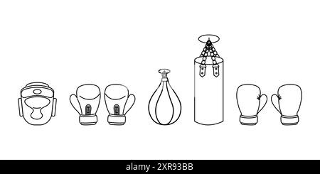 Handgezeichnetes Symbolset für Boxen. Ausrüstung für Trainings- und Kampfhandschuhe, Boxsäcke, Vollhelm. Stock Vektor